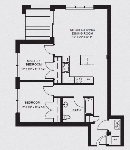 Floor plan for 2 beds, 1 bath, 958 sqft